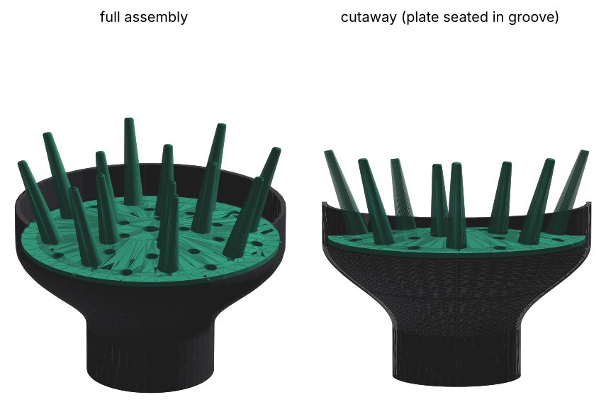 3D render of a printable blow-dryer diffuser: full assembly and cutaway