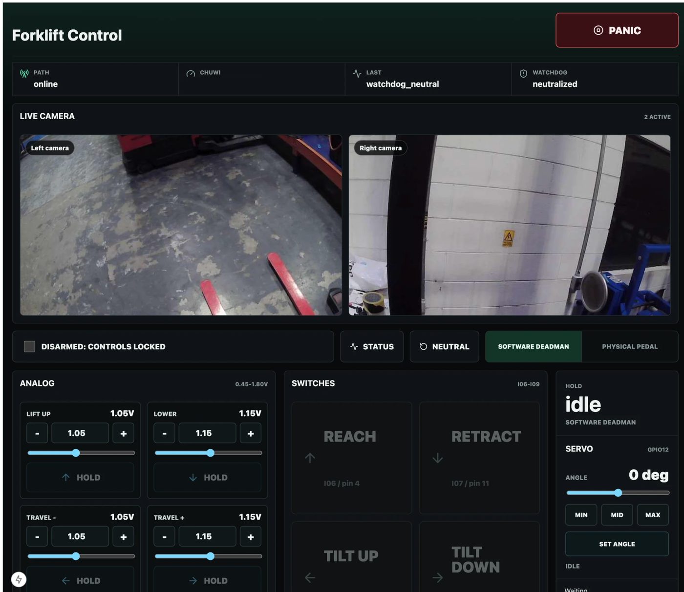 Forklift teleoperation dashboard with live camera feeds and controls